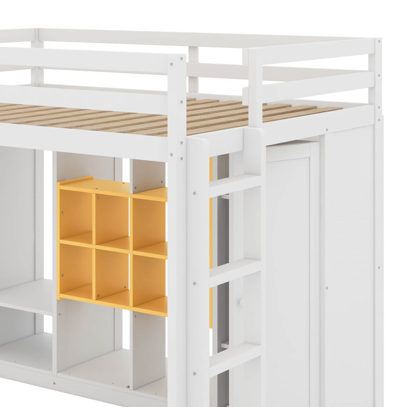 Lit mezzanine simple en bois avec garde-robe, tablettes et armoire, Blanc / jaune, Simple