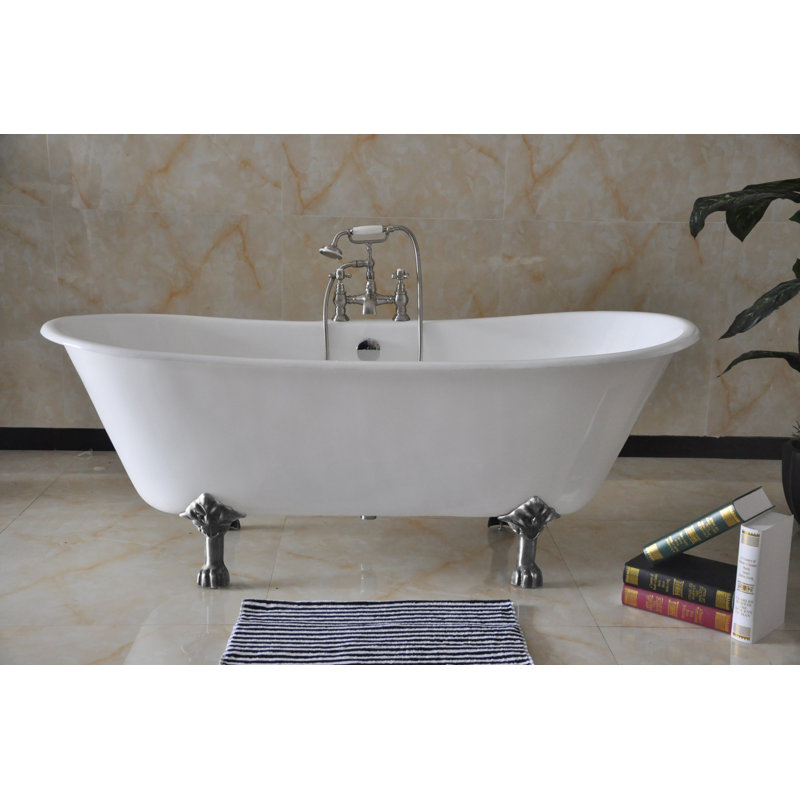 White Cast Iron Double Slipper Clawfoot Tub with Polished Chrome Feet