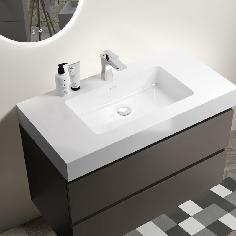 Meuble-lavabo gris - fixation murale de 36 po avec de nombreuses options de rangement, tiroirs silencieux et unité élégante de style évier à poignée, meuble à double tiroir, appareil, design