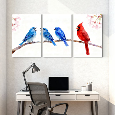 Oiseaux bleus chantant sur une branche avec un cardinal rouge, ensemble de 3 impressions sur toile