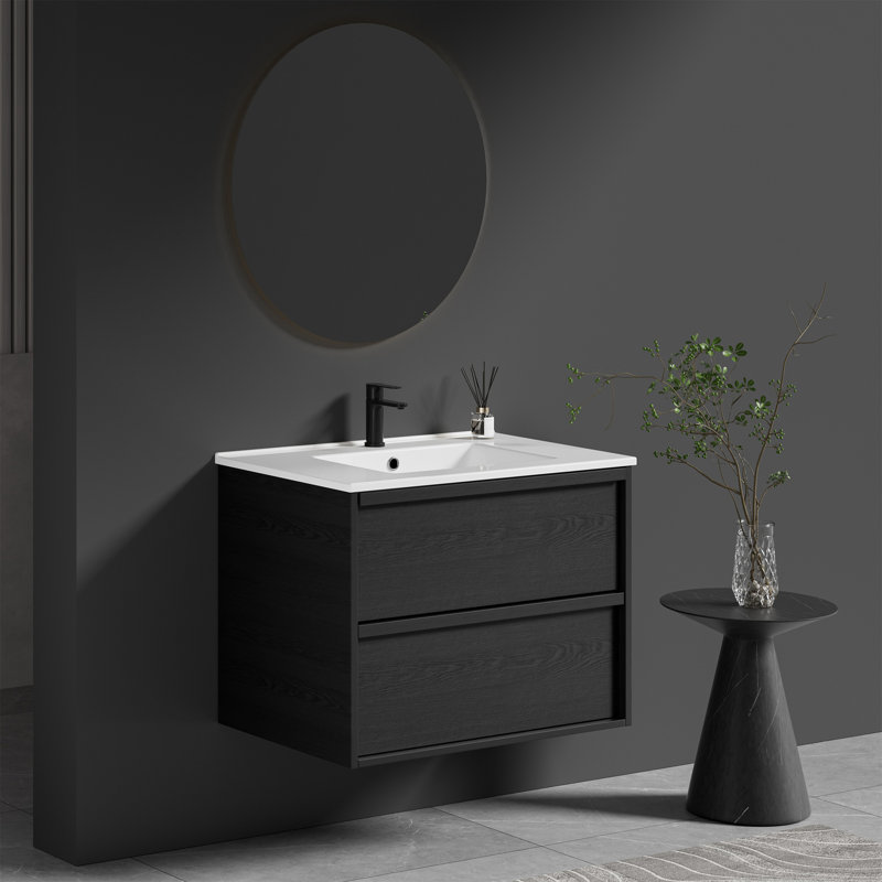 Mid-Century Modern Wall-Mounted Vanity With Soft-Close Drawers & Ceramic Sink, 30"