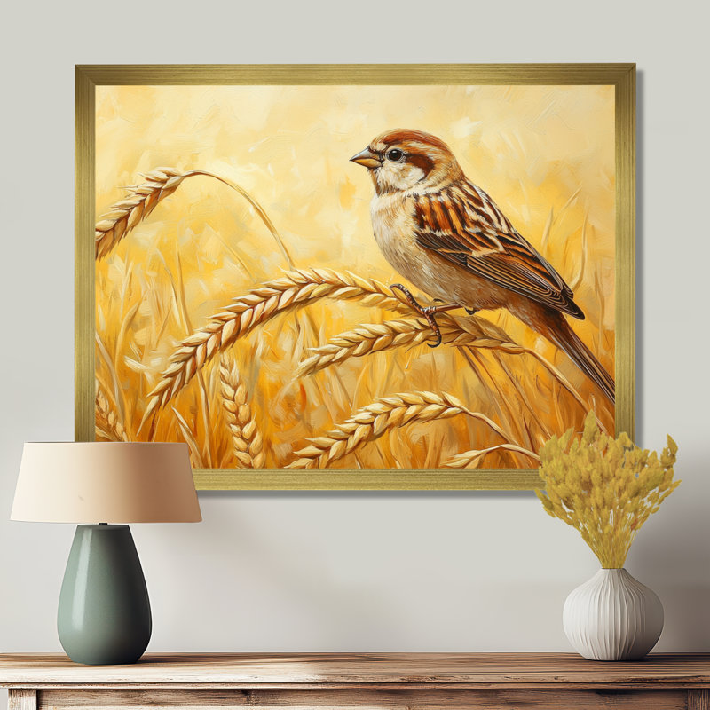 Oiseau moineau dans le champ de blé II - oiseau, art mural, H 16 po x l 32 po, Doré, Picture Framed