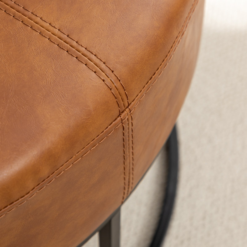 Cattibrie Vegan Leather Upholstered Round Ottoman, Brown Faux Leather