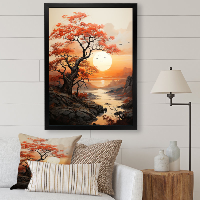 Orange Tree Moon Silhouette Landscape IV - Floral Wall Art Prints, Cadre photo noir, H 20 po x l 12 po x P 1 po