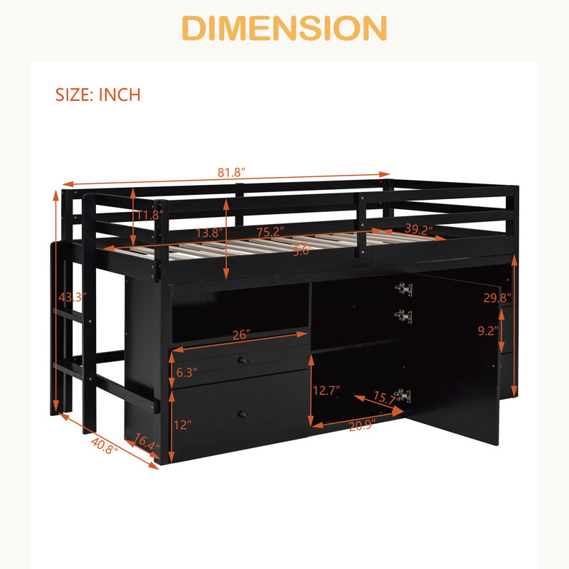 Lit mezzanine simple avec 4 tiroirs, sous l'armoire et les tablettes, Espresso