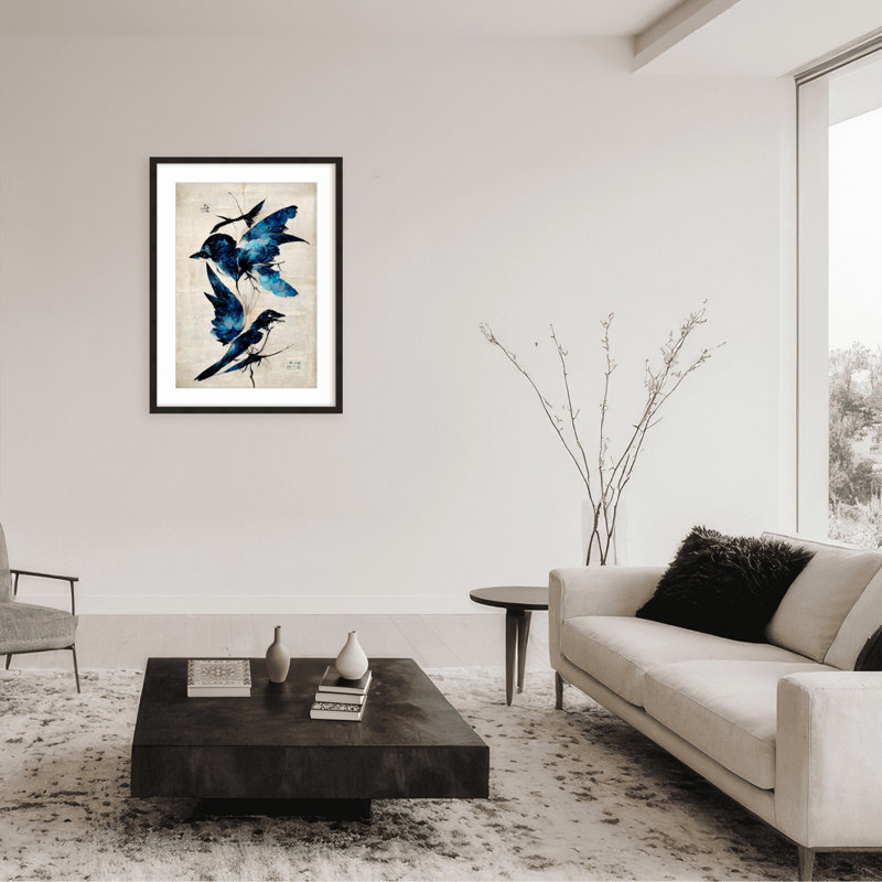 Nature Inspired Blue Birds, 30" H x 24" W x 1.125" D, Framed Matted Print, White
