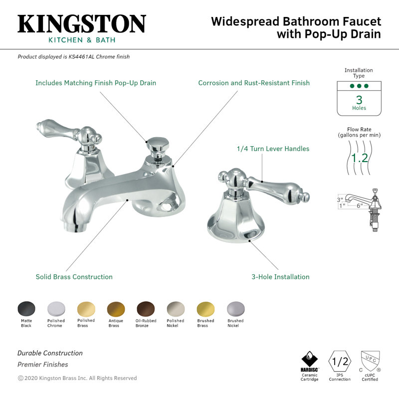 Robinet de salle de bain espacé à deux poignées à 3 poignées avec bonde escamotable en laiton Kingston, Laiton satiné