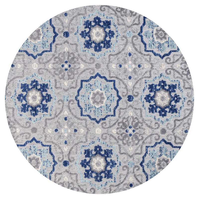 Leto Medallion Blue/Gray Indoor/Outdoor Rug, Round 5'3"