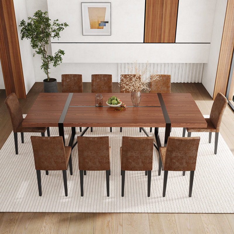 Ensemble de table de salle à manger en bois 87 po avec chaise rembourrée en cuir PU, 11 pièces: table, 10 chaises, Noyer