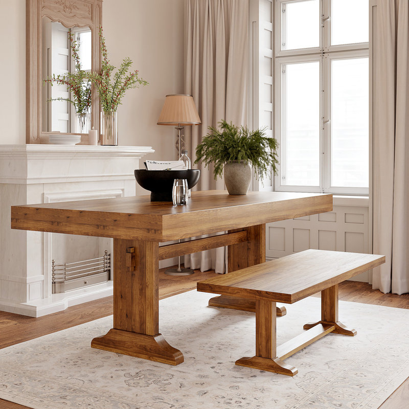 Millwood Pines Solid Wood Dining Table Sets(1 Dining Table& 2 Dining Benches)