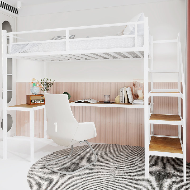 Lit mezzanine avec bureau en forme de L, grand espace de rangement et compartiments de rangement, structure de lit robuste avec escalier, garde-corps continu, peu encombrant, silencieux, sans ressorts éléphants requis