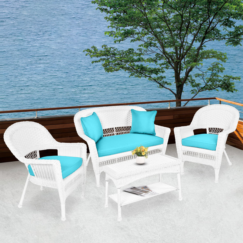 Cecilton 4 Piece Rattan Sofa Seating Group , White, Sky Blue