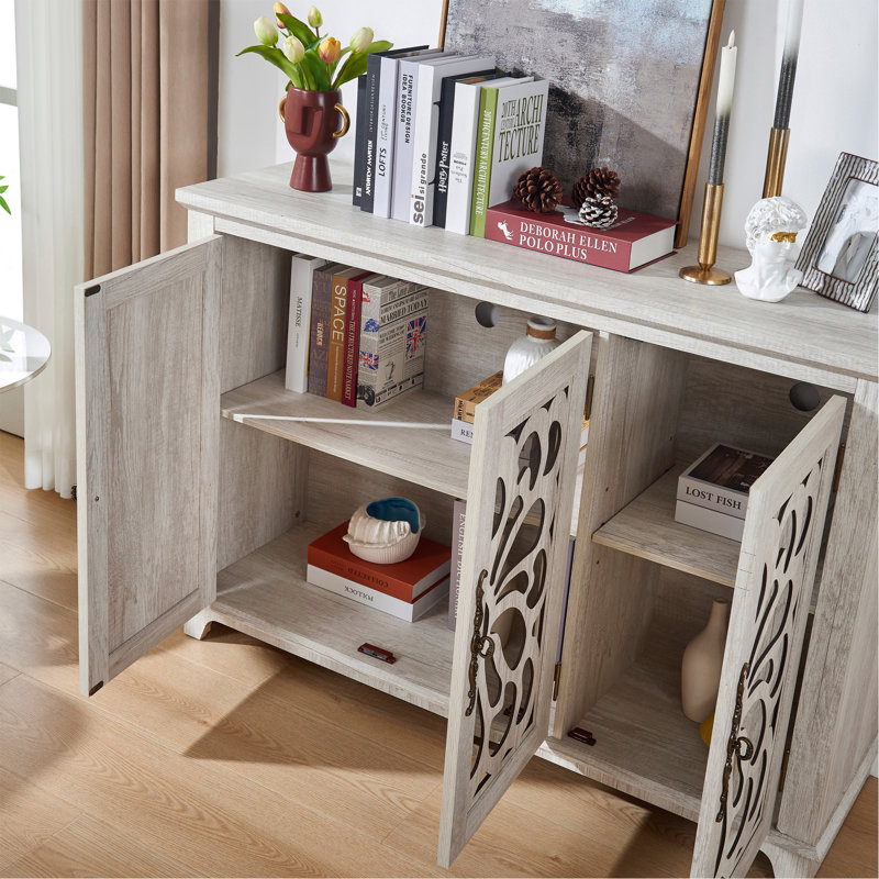 Armoire de rangement autoportante autoportante, buffet en MDF, portes sculptées en miroir en acrylique, tablette réglable, comptoir spacieux, sangles anti-basculement, assemblage facile dans la cuisine du couloir du salon