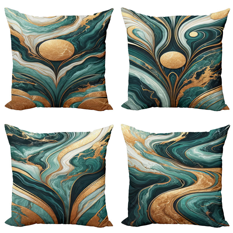 Jade Green and Amber Marble Print Square Pillow Covers