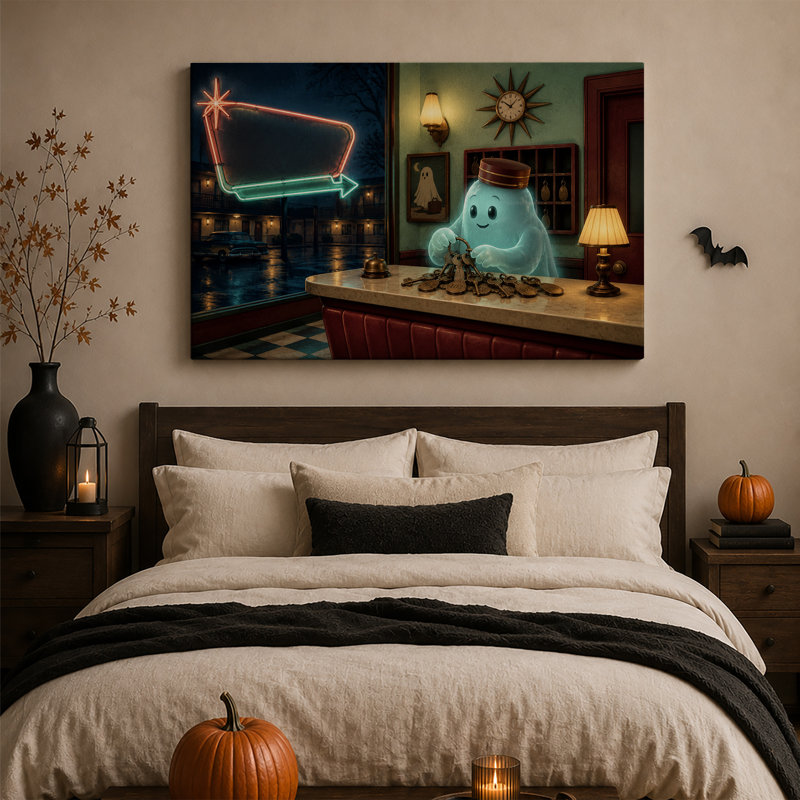 Un groom fantôme bleu lumineux avec des clés, une toile murale rétro pour l'Halloween, H 32 po x l 48 po