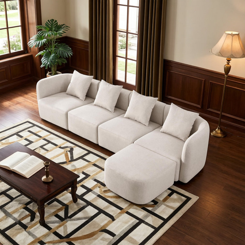 Mid Century Modular Sectional Sofa with Ottoman, Beige Velvet Upholstered,  Arrangeable Living Room Set includes Toss Pillow