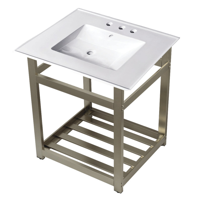 Kingston Brass Quadras 25-Inch Ceramic Console Sink with Stainless Steel Base and Shelf, White/Matte Black, 4" Centers