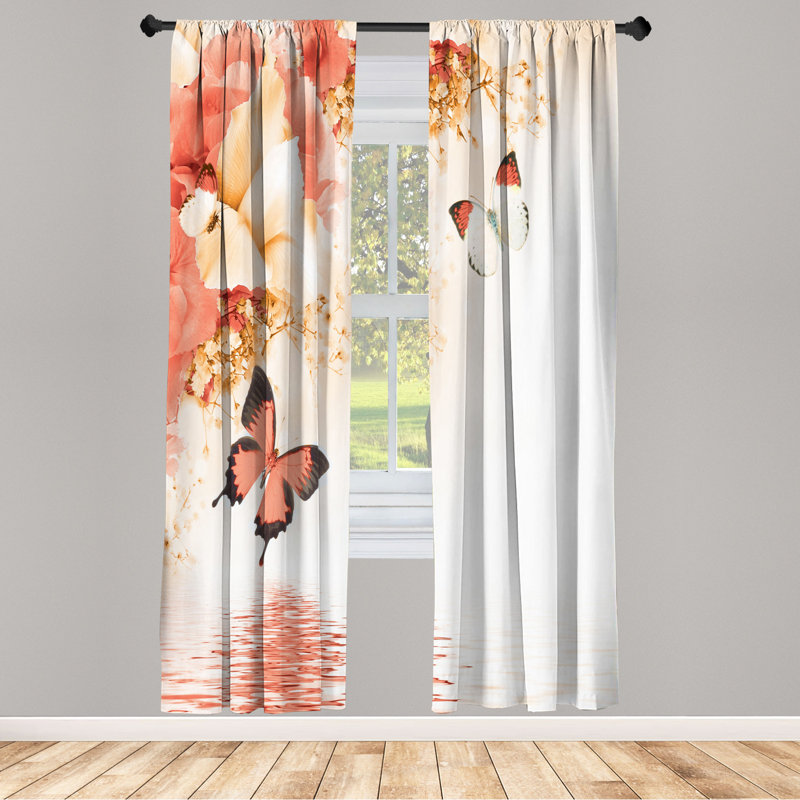 Coral and Sundance Floral Butterfly Rod Pocket Curtain Panels, 28" x 84"