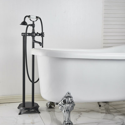 Robinet de baignoire autoportant Robinet de baignoire à fixation au sol avec poignées doubles en croix Rotation à 360 ° Bec de baignoire sur pied à haut débit Forme de trompette de douche à main Bronze huilé