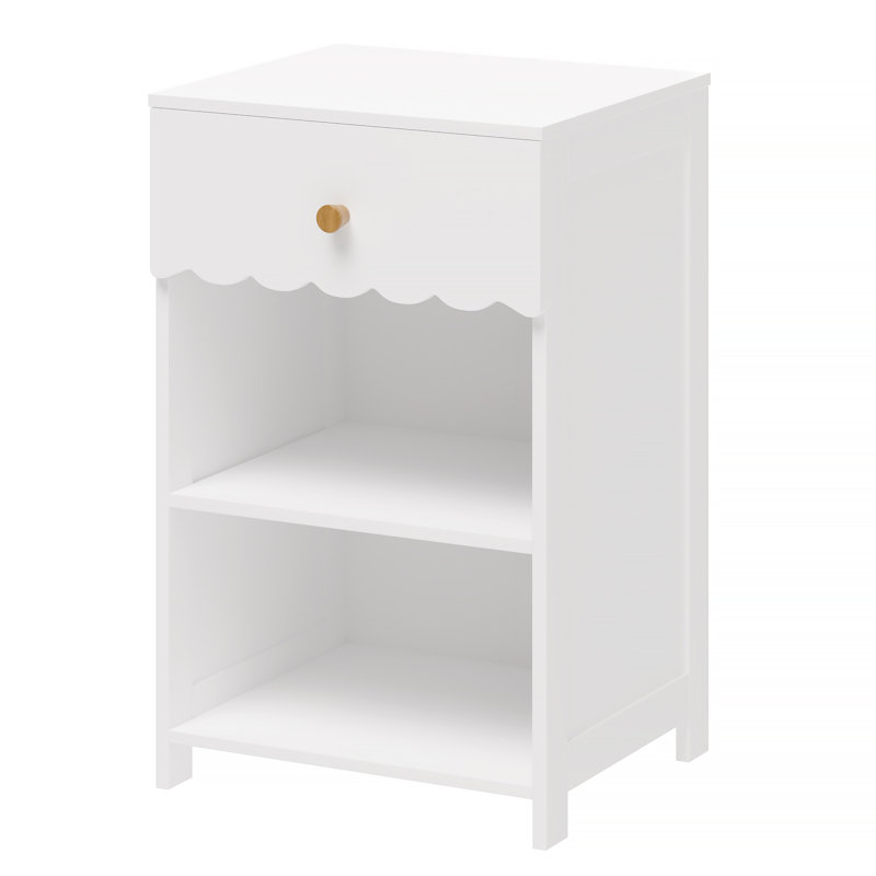 Modern White Scalloped Nightstand, 1/2-Piece Bedside Table with Drawer & Open Shelf, Wood End Table with Cloud Scalloped Edge