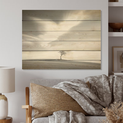 Black And White Solitude Tree In Meadow - Tree Wood Wall Art On Natural Pine Wood