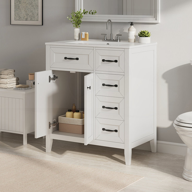 30 Inch Bathroom Vanity with Ceramic Sink, Freestanding Design, Metal Handles, Solid Wood Legs, Soft-Close Doors Drawers, Ample Storage