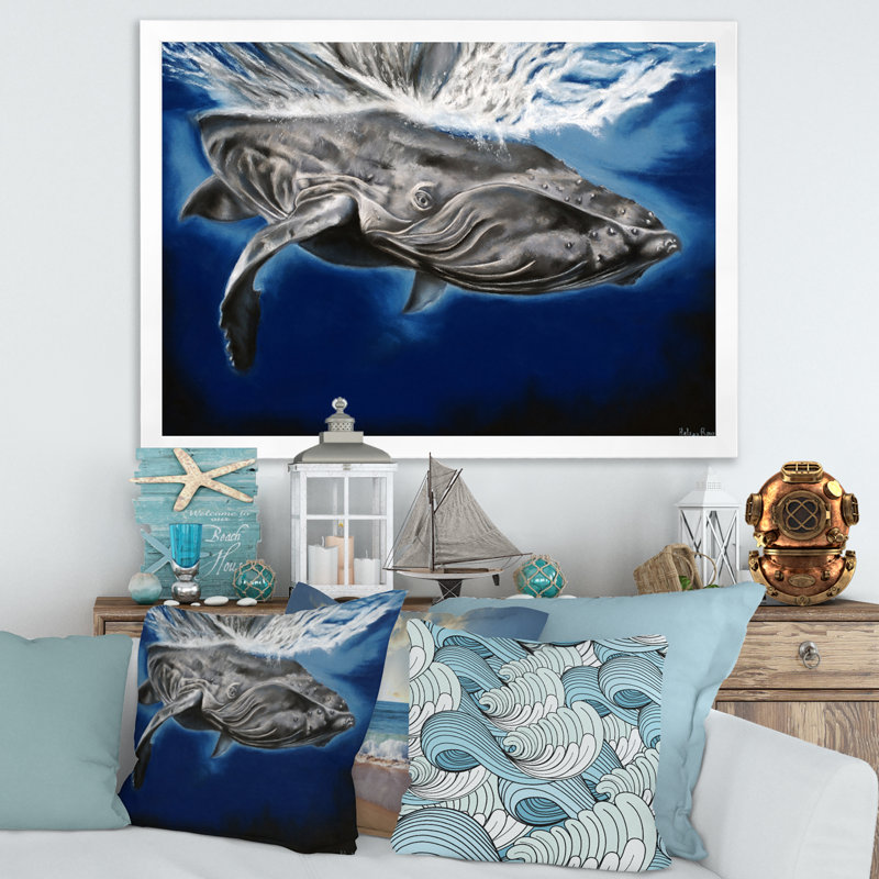 Portrait d'une baleine à bosse - Peinture sur toile, H 24 po x l 32 po x P 1 po, Cadre photo blanc