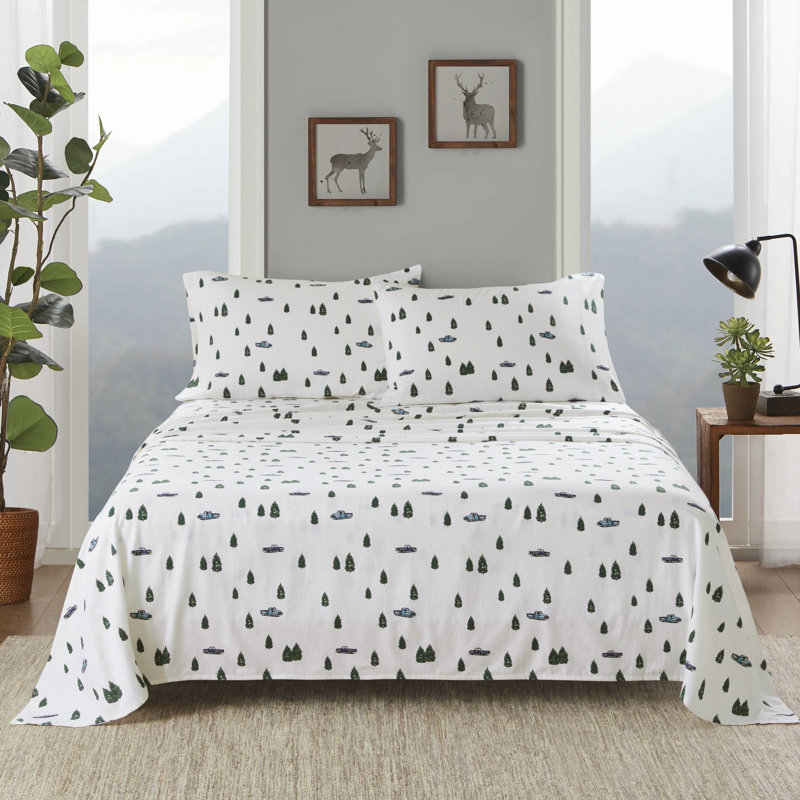 Ensemble de draps 4 pièces pour très grand lit, arbres et camions multicolores, flanelle 100% coton, l 108 po x L 102 po, l 72 po x L 84 po + P 14 po, velours doux, 2 taies d'oreiller, pour matelas de 12 po, lavable à la machine