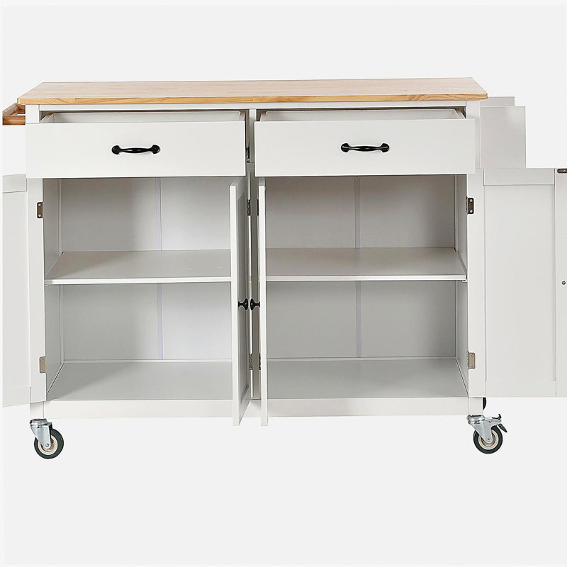 Chariot pour îlot de cuisine avec plateau en bois massif et roulettes verrouillables, armoire de 4 portes et 2 tiroirs de 54,3 po de largeur, étagère à épices, porte-serviettes (blanc)