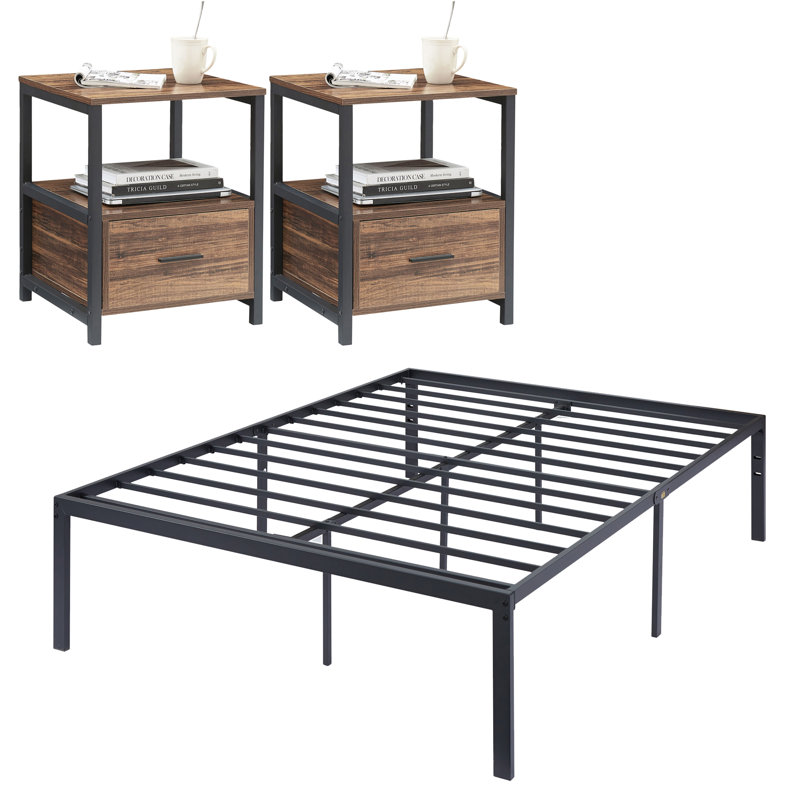 Ensemble de chambre avec lit plateforme et table de chevet en métal 3 pièces Blinni, Brun, Double