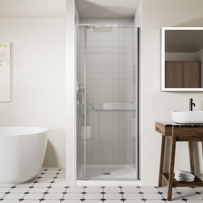 28-32" W x 72" H Frameless Pivot Shower Door with 1/4" (6mm) and 5/16" (8mm) Tempered Glass, Swing Shower Glass Door with Towel Bar, 105°Stop Prevents Collisions, Chrome Finish