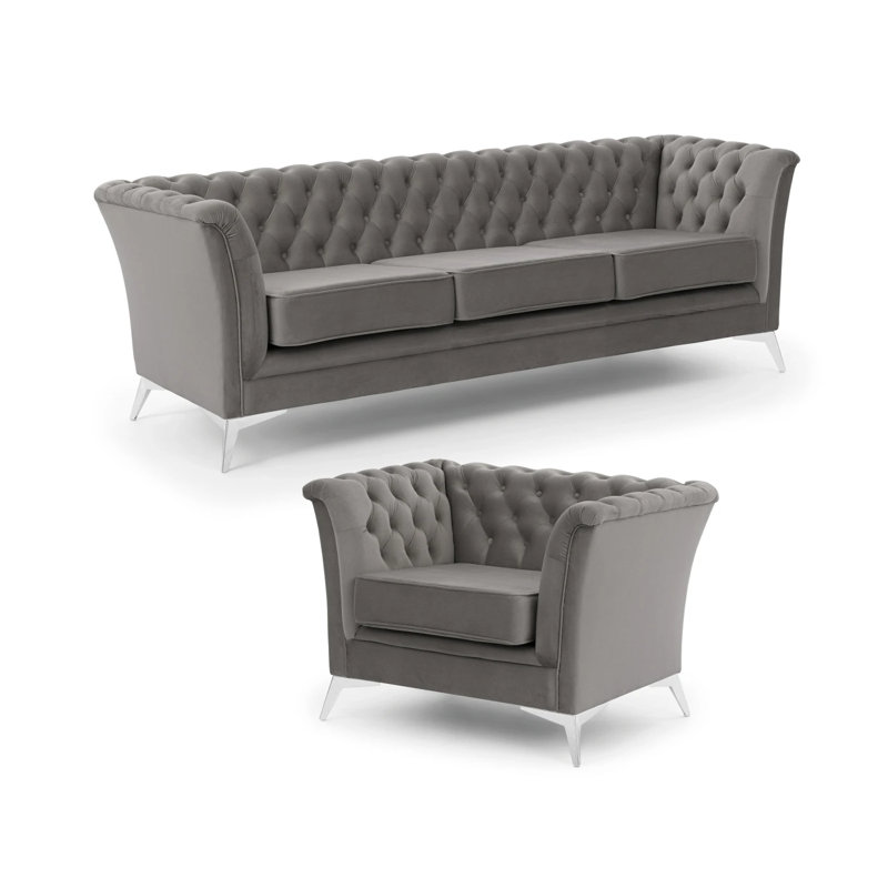 Whitby 2 - Piece Velvet Living Room Set, Chrome, Grey