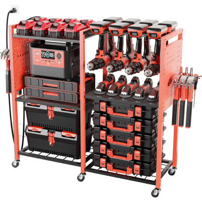 Chariot de rangement pour outils électriques avec barre d'alimentation de charge, chariot utilitaire roulant avec 8 crochets et 6 roues porteuses, support de rangement pour outils de garage (rouge)