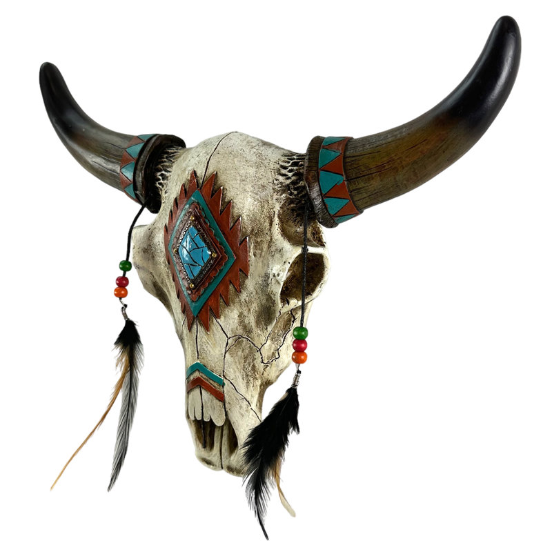 Southwest Tribal Bull Skull with Feathers and Beads Wall Decor