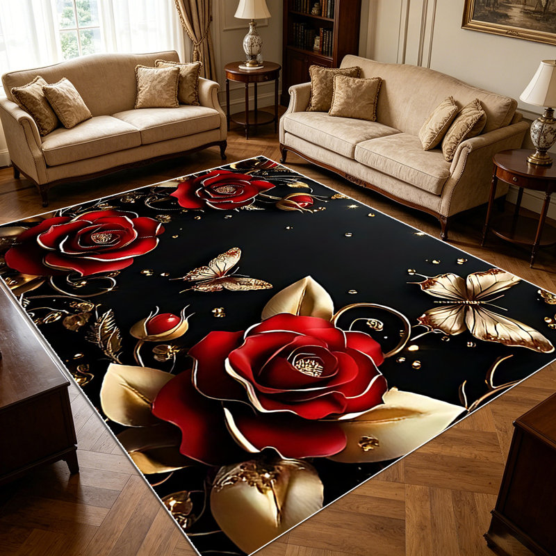 1PC Burgundy Red Rose & Gold Butterfly Vintage Dark Floral area rugs for Living Room, Soft and Comfortable, Suitable for all seasons, easy-to-maintain, machine washable Indoor floor mat, Under Table Farmhouse suitable for dining room, bedroom,