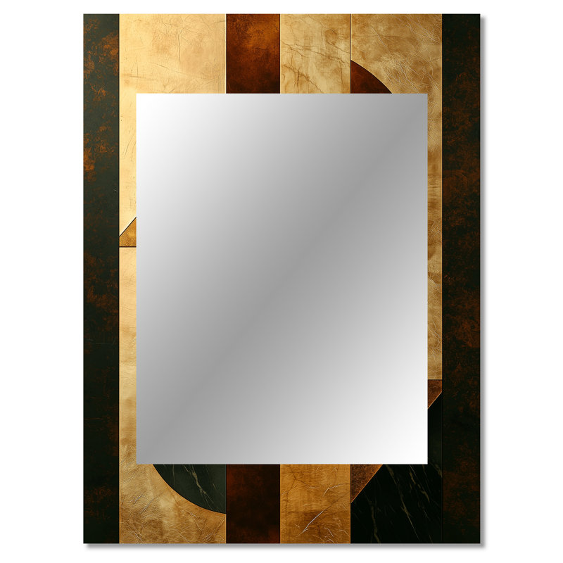 Geometric Walnut Essential Forms IV - Modern Decorative Wall Mirror, Gold Mirror, Printed Metal Art, 40" x 30"