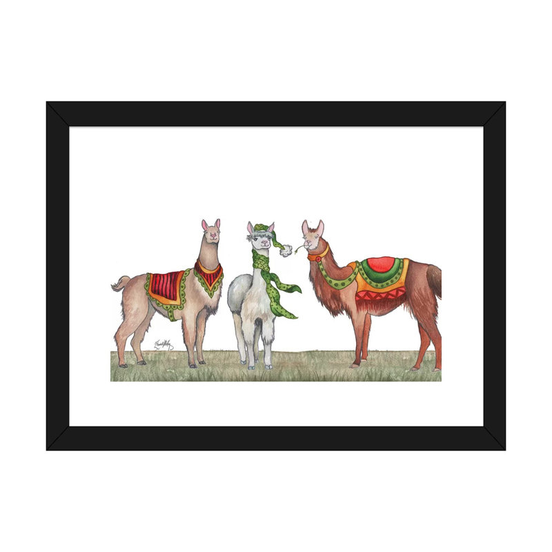 «Christmas Llamas» par Elizabeth Medley - reproduction d'art, H 16 po x l 24 po x P 1 po, Papier encadré noir, Blanc
