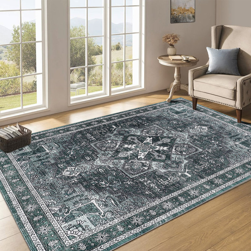 Tapis de salon en chenille léger antidérapant et lavable à la machine, Green, Rectangle 6' x 9'