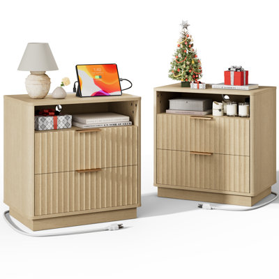 Seyla 23''W Nightstand Set of 2 with 2-Drawer Open Cubby, Built-In Charge Outlets