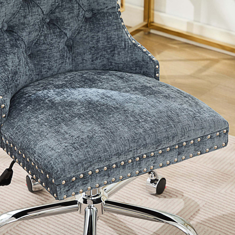 Chaise de bureau moderne rembourrée capitonnée avec base en métal et chaise de bureau réglable, Chenille, Bleu clair