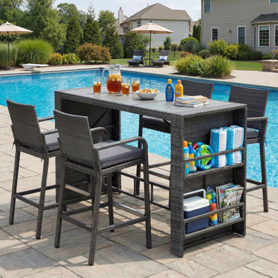 Meliton 5-Piece Bar-Height Wicker Patio Dining Set (Seats 4) with Storage-Shelf Table & Cushions by George Oliver