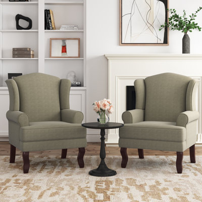 Fauteuil d'appoint à oreilles en lin brun clair avec accoudoirs roulés et pieds en bois massif Duward (ensemble de 2)