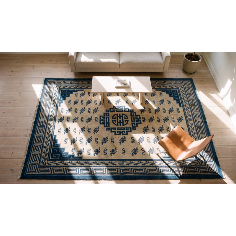 Antique Room Size White and Blue Color Mongolian Medallion Rug