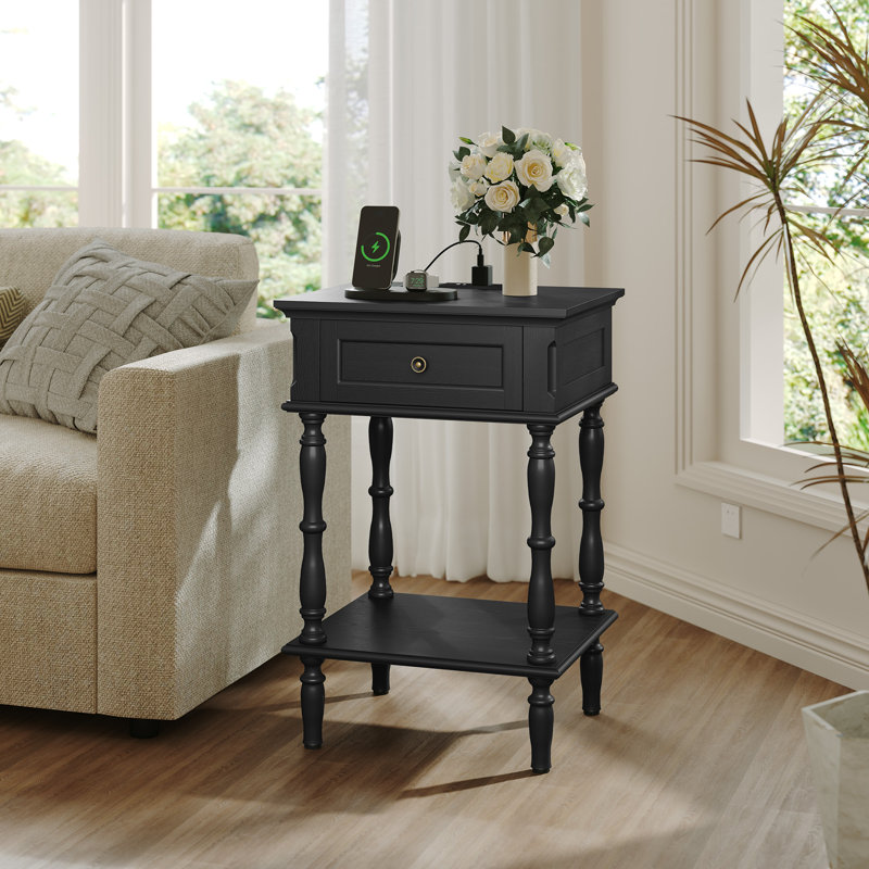 25'' Tall 1- Drawer Nightstand with Built-in Charging Outlets, Minimal Assembly Needed, Black