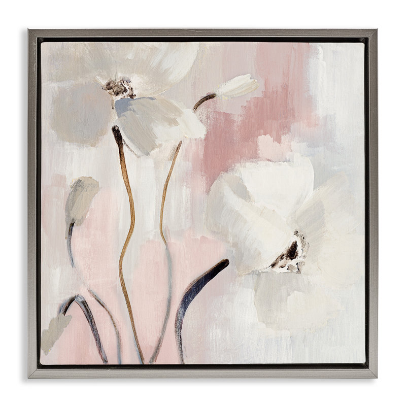 Abstrait, "White Blooms Gray", encadrée par Lanie Loreth, H 18 po x l 18 po, Cadre flottant gris lustré
