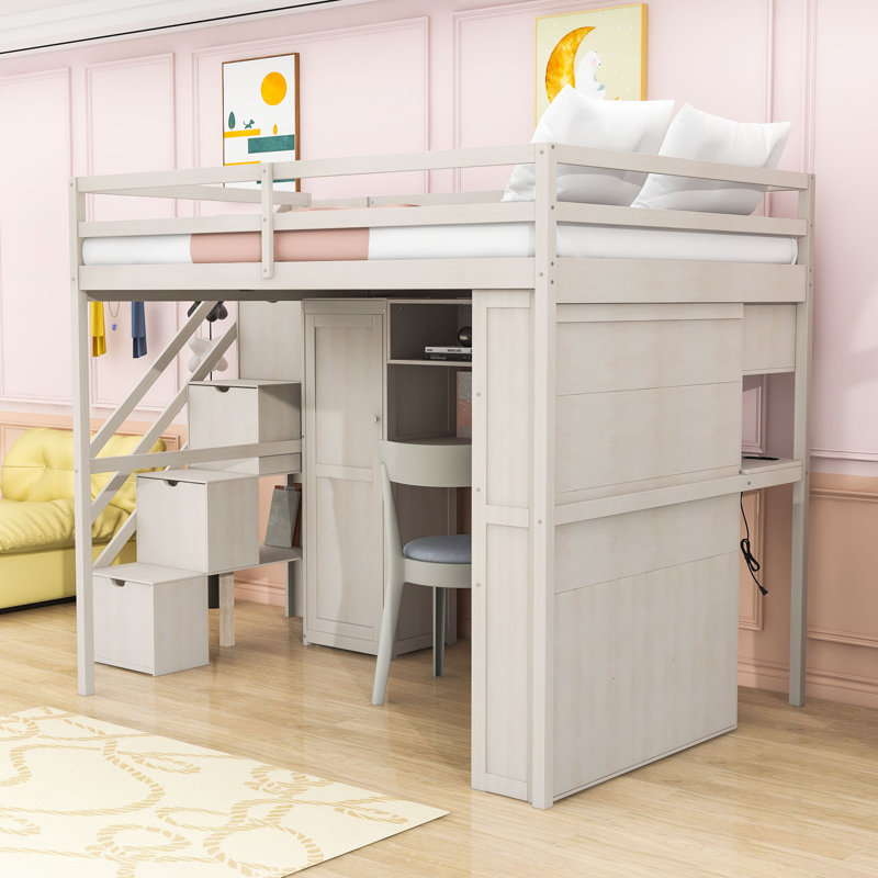 Full Wooden Loft Bed with Wardrobe, Light Strip, Desk and Storage Stairs, Beige