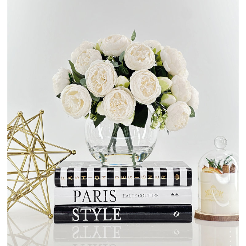 Pivoines dans un vase en verre, arrangement floral artificiel français 