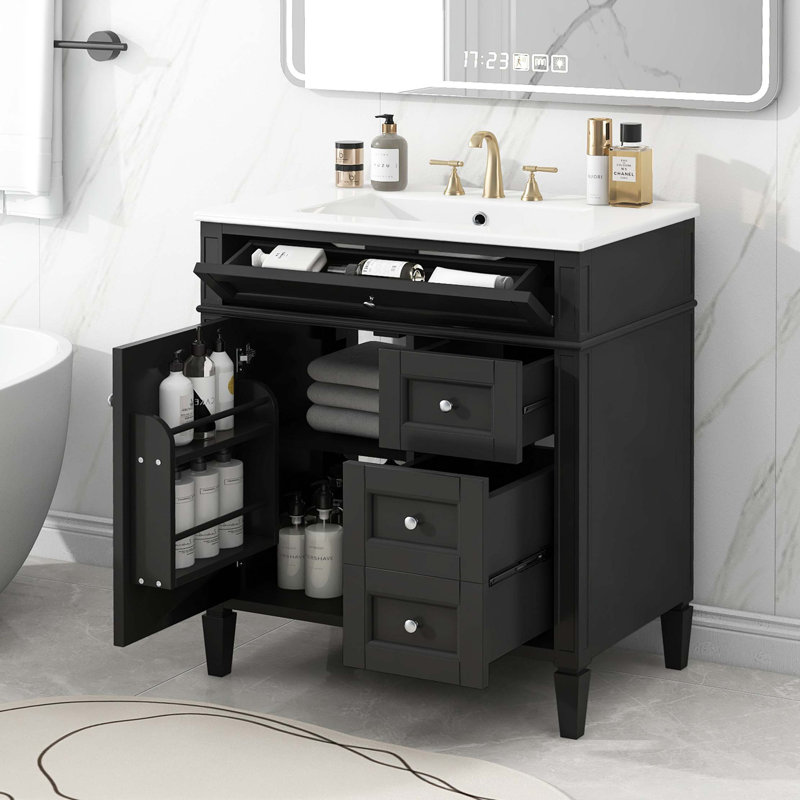 Meuble-lavabo de 30 po avec lavabo supérieur, meuble-lavabo moderne avec 2 tiroirs et tiroir escamotable, meuble-lavabo simple