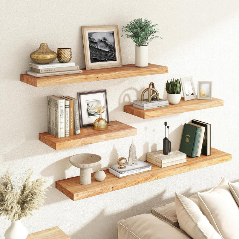 Ensemble de 2 tablettes murales 24 "en bois d'orme massif flottant avec supports cachés