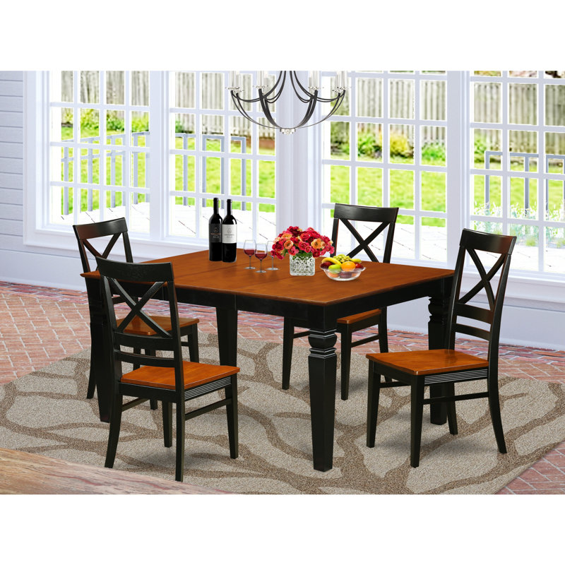 5 Piece Kitchen Table & Chairs Set Includes a Rectangle Dining Room Table with Butterfly Leaf and 4 Solid Wood Seat Chairs, Black & Cherry